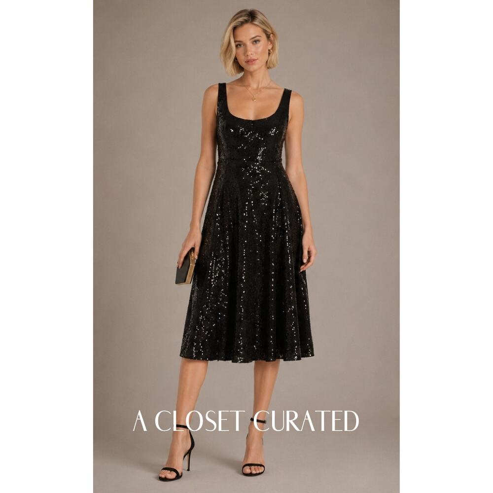Milly Stella Sequin Midi Dress 0 Black Scoop Neck Halter Back NWT